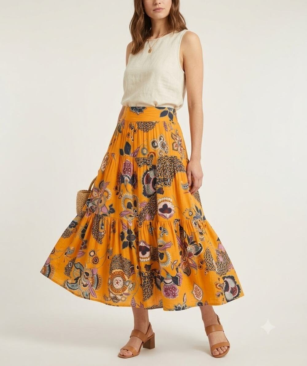 Anthropologie Maeve A-Line Tiered Skirt Sunny Orange Floral Large